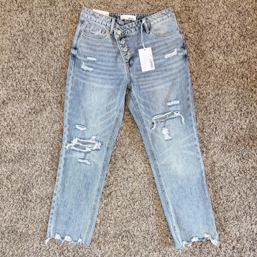 Vervet Kassie Crossover Button Fly Distressed Boyfriend Jeans Light Wash 26 NEW